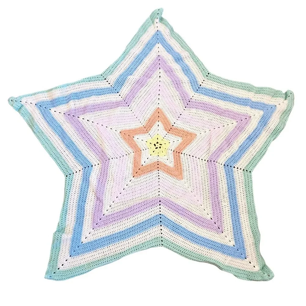 Handmade Crochet Star Baby Blanket Afghan Pastel Rainbow  48